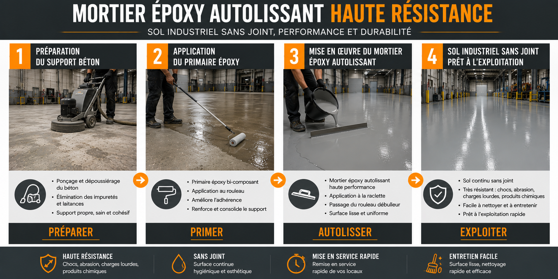 application mortier &eacute;poxy autolissant industriel &agrave; la raclette et rouleau d&eacute;bulleur