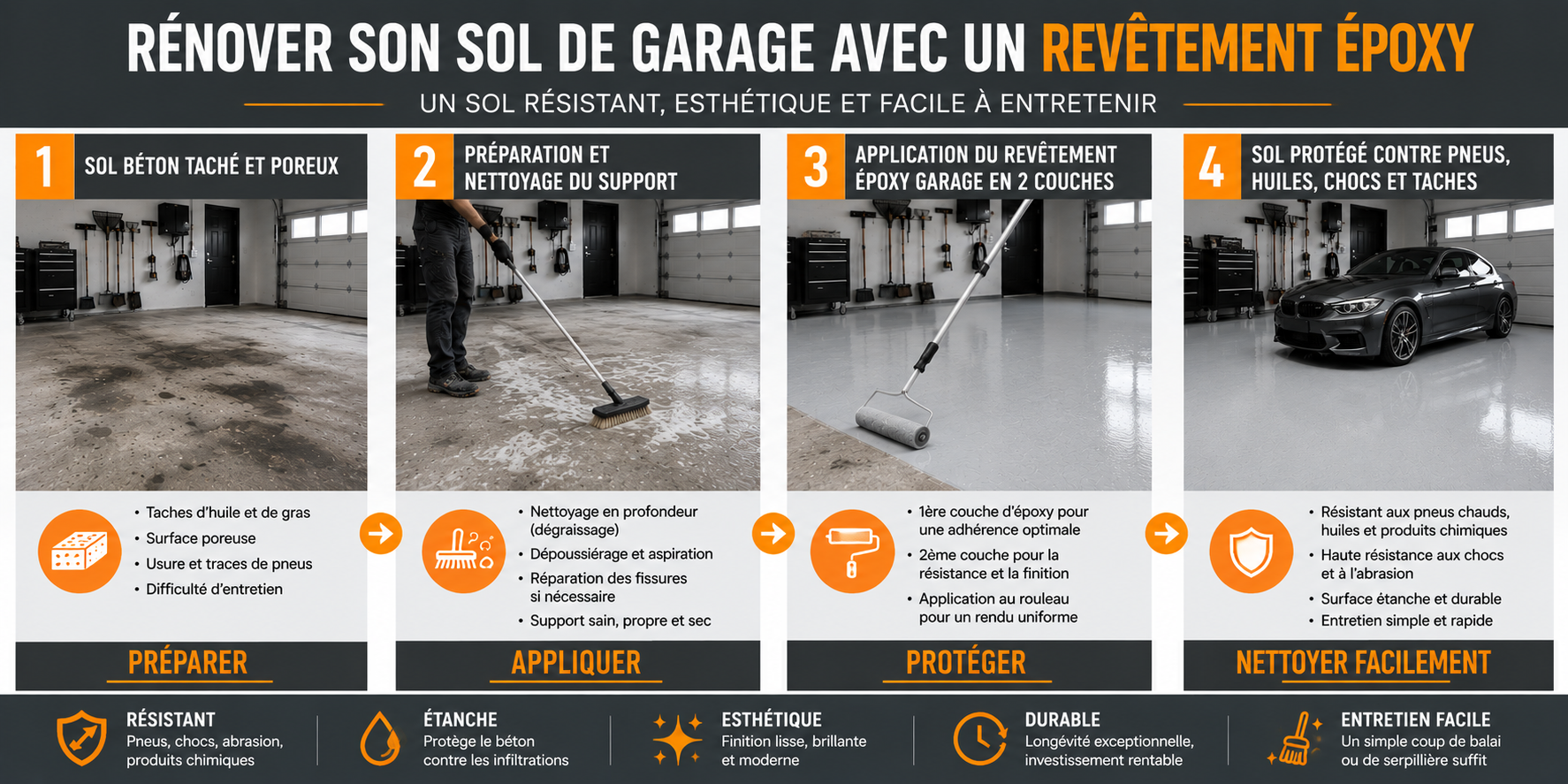 Schéma application revêtement époxy garage préparation nettoyage application protection