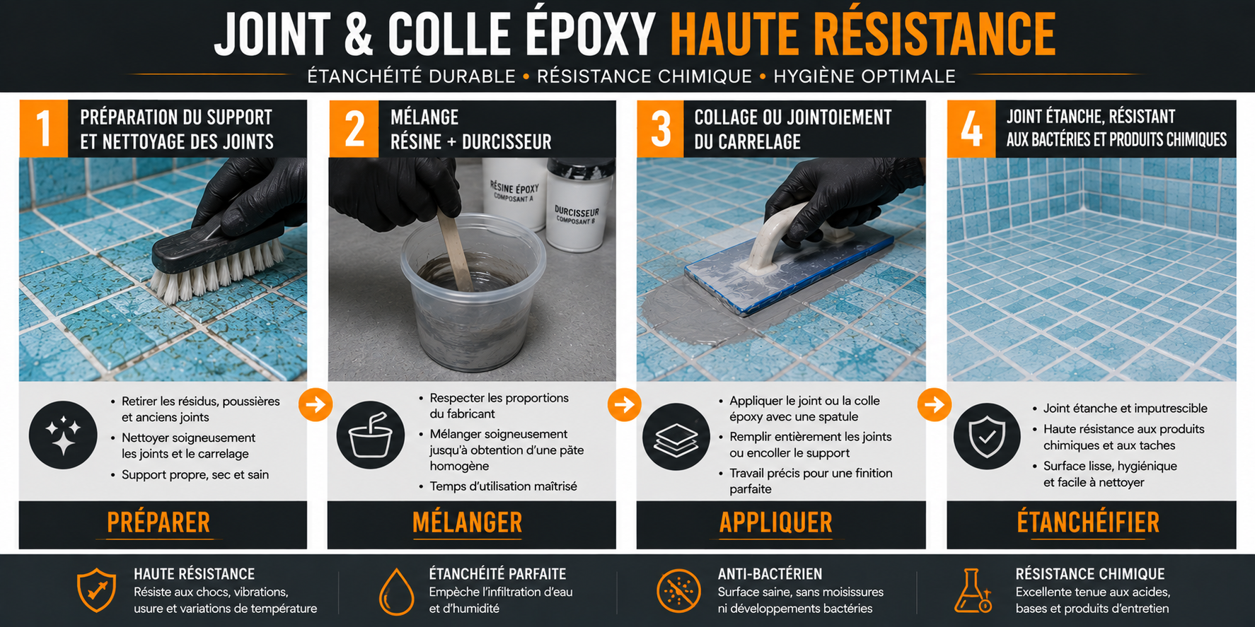application joint et colle époxy carrelage piscine douche préparation mélange jointoiement