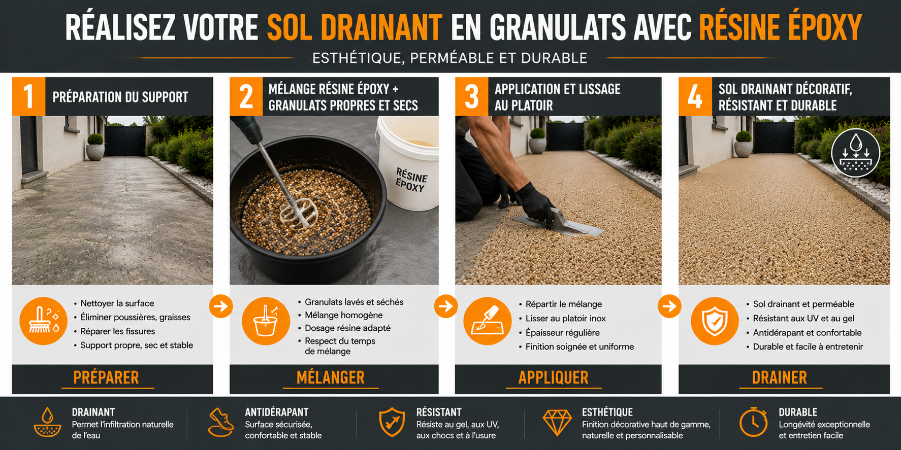 application résine époxy moquette de pierre mélange granulats sol drainant