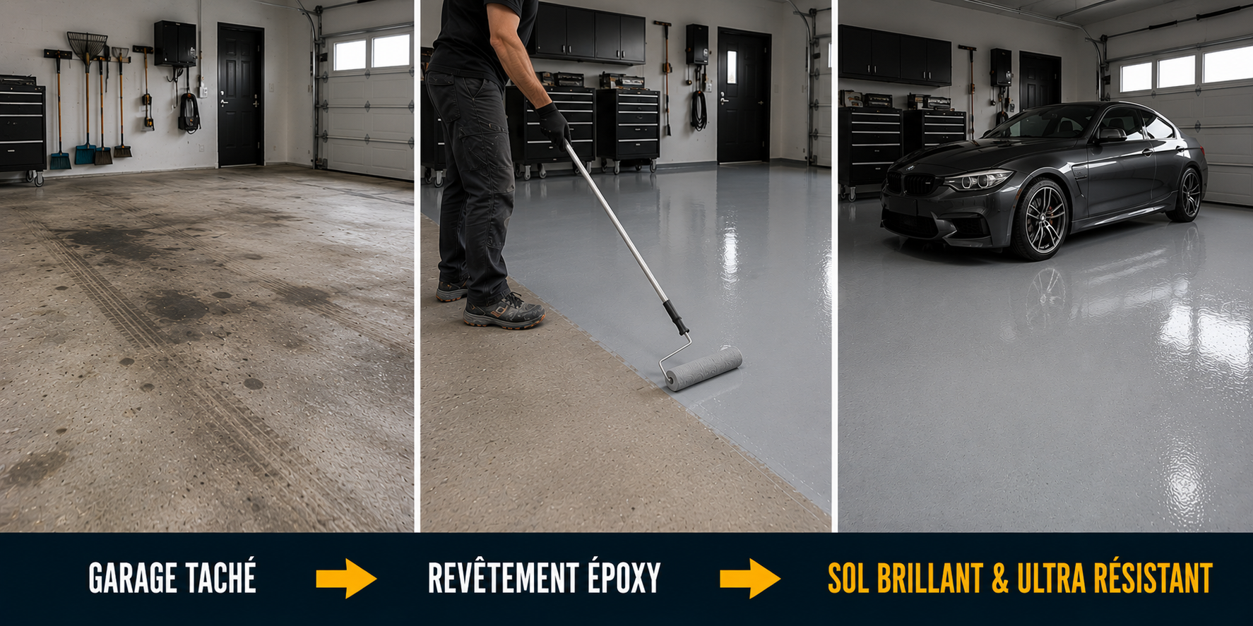 Avant après sol de garage rénové avec revêtement époxy brillant