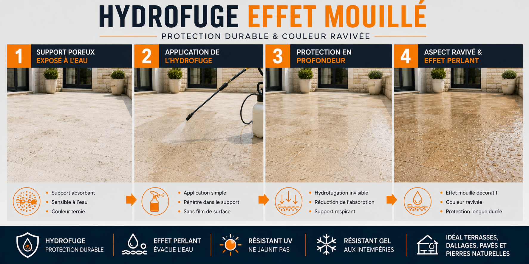 application hydrofuge effet mouill&eacute; pierre b&eacute;ton fa&ccedil;ade terrasse