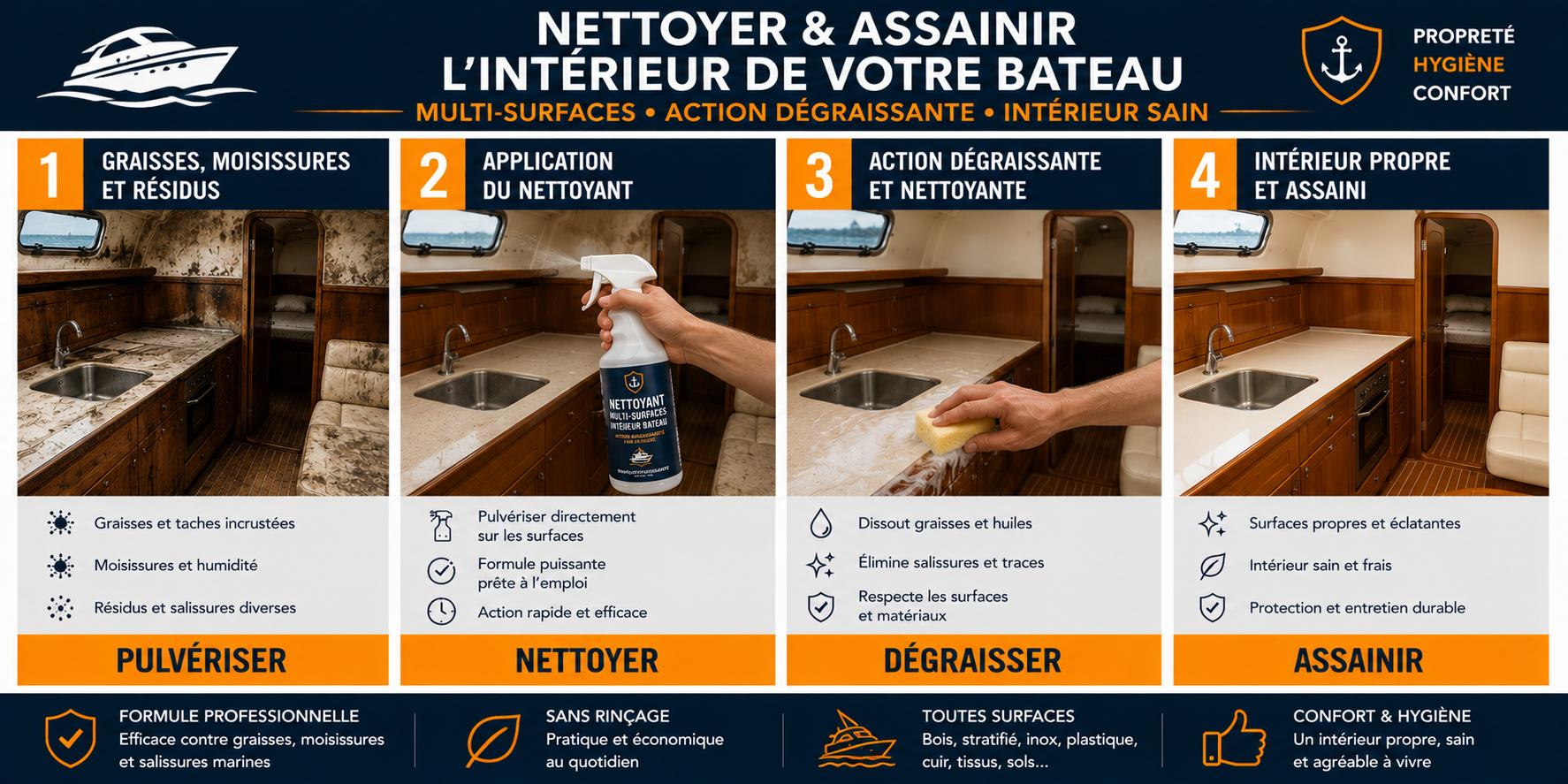 application nettoyant int&eacute;rieur bateau multi surfaces