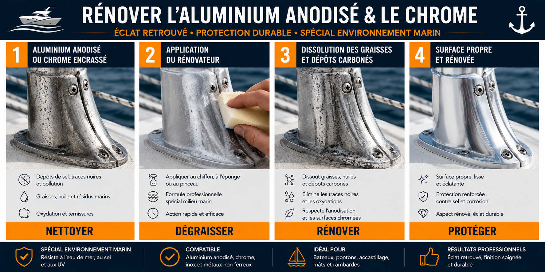 application r&eacute;novateur aluminium anodis&eacute; chromes bateau nettoyage d&eacute;graissage rin&ccedil;age
