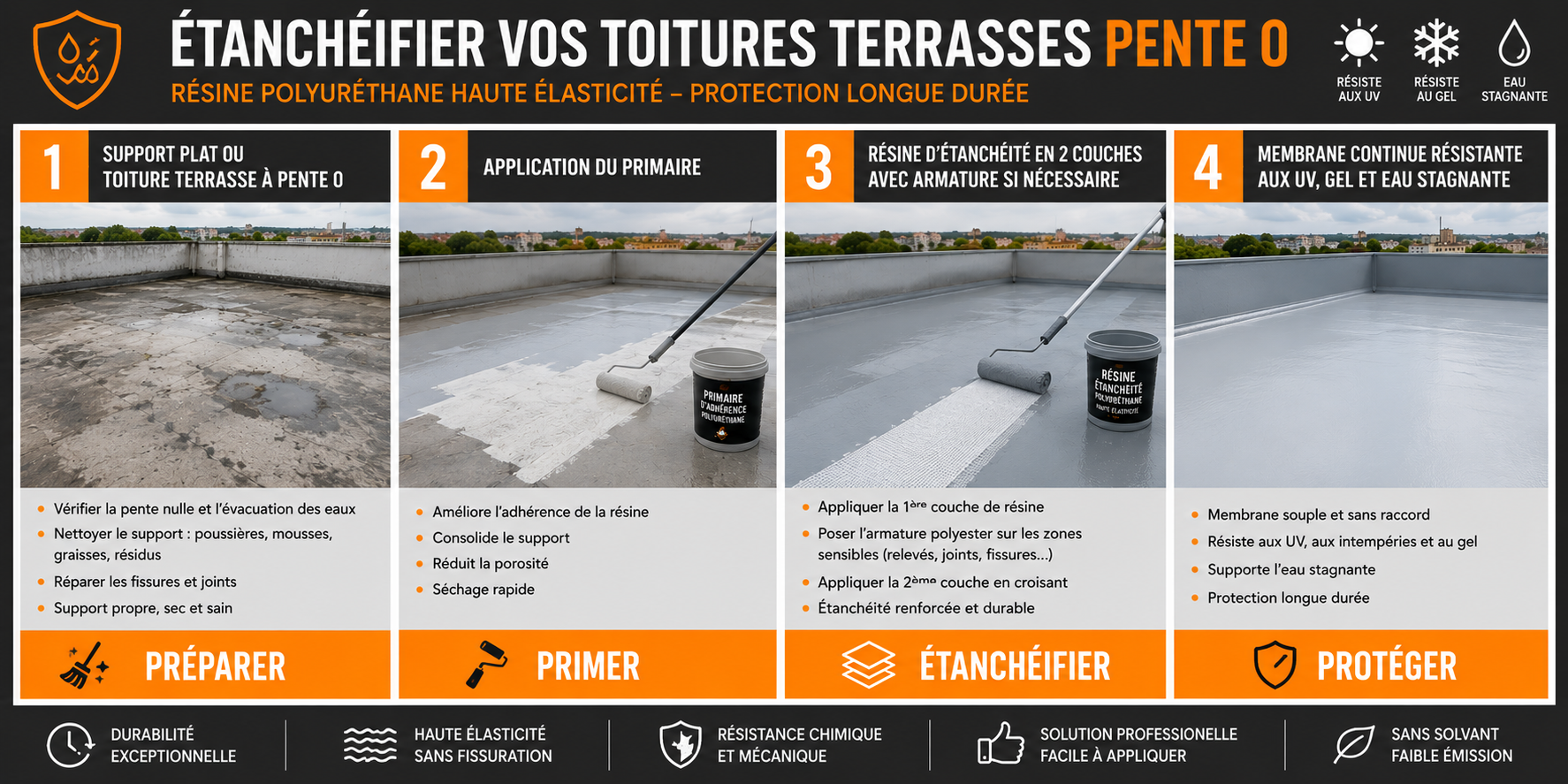 application r&eacute;sine &eacute;tanch&eacute;it&eacute; toiture terrasse primaire armature polyester membrane