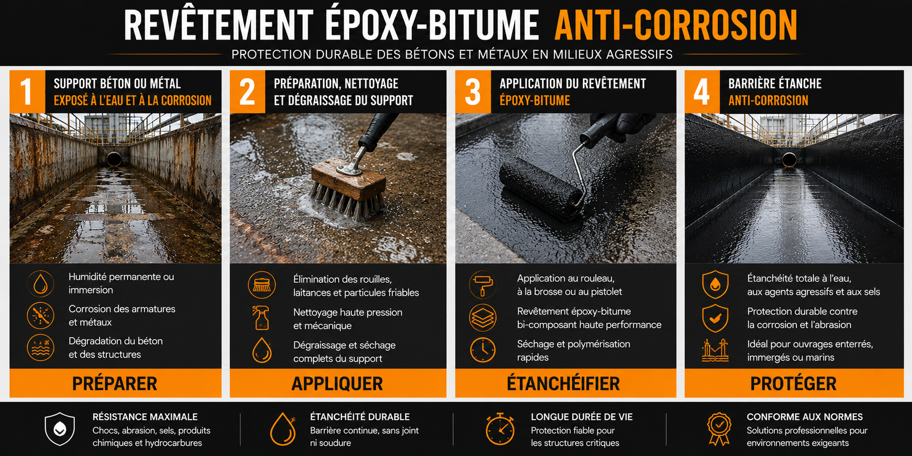 application rev&ecirc;tement &eacute;poxy bitume protection &eacute;tanch&eacute;it&eacute; anti corrosion b&eacute;ton m&eacute;tal