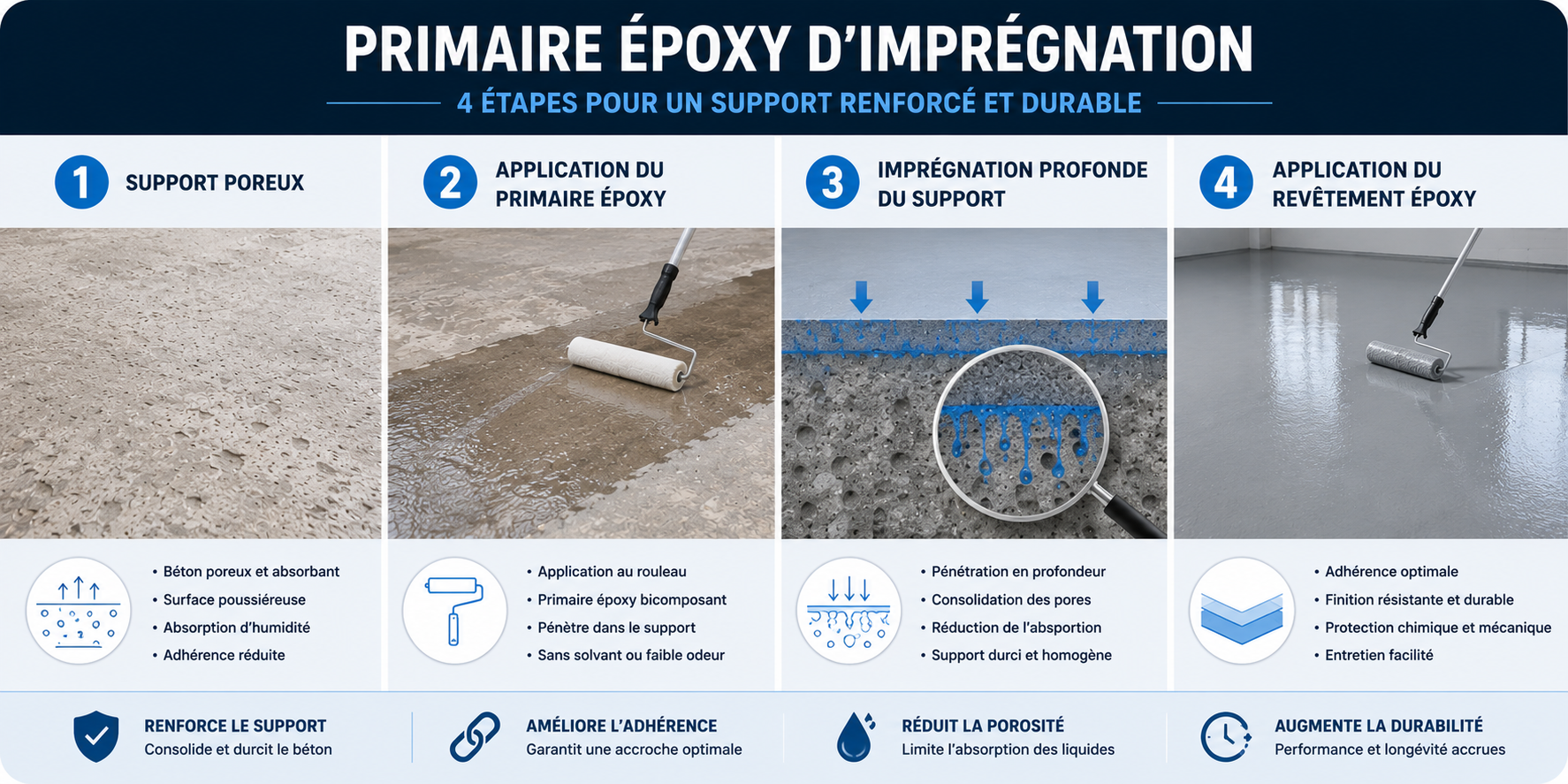 Sch&eacute;ma application primaire &eacute;poxy support poreux impr&eacute;gnation rev&ecirc;tement