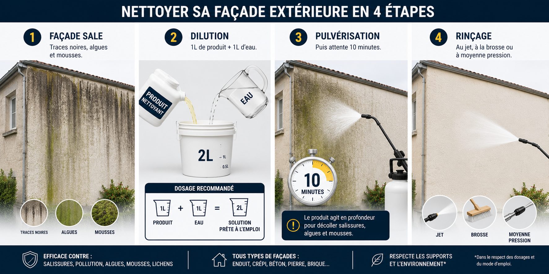 Schéma utilisation nettoyant chloré façade dilution pulvérisation rinçage