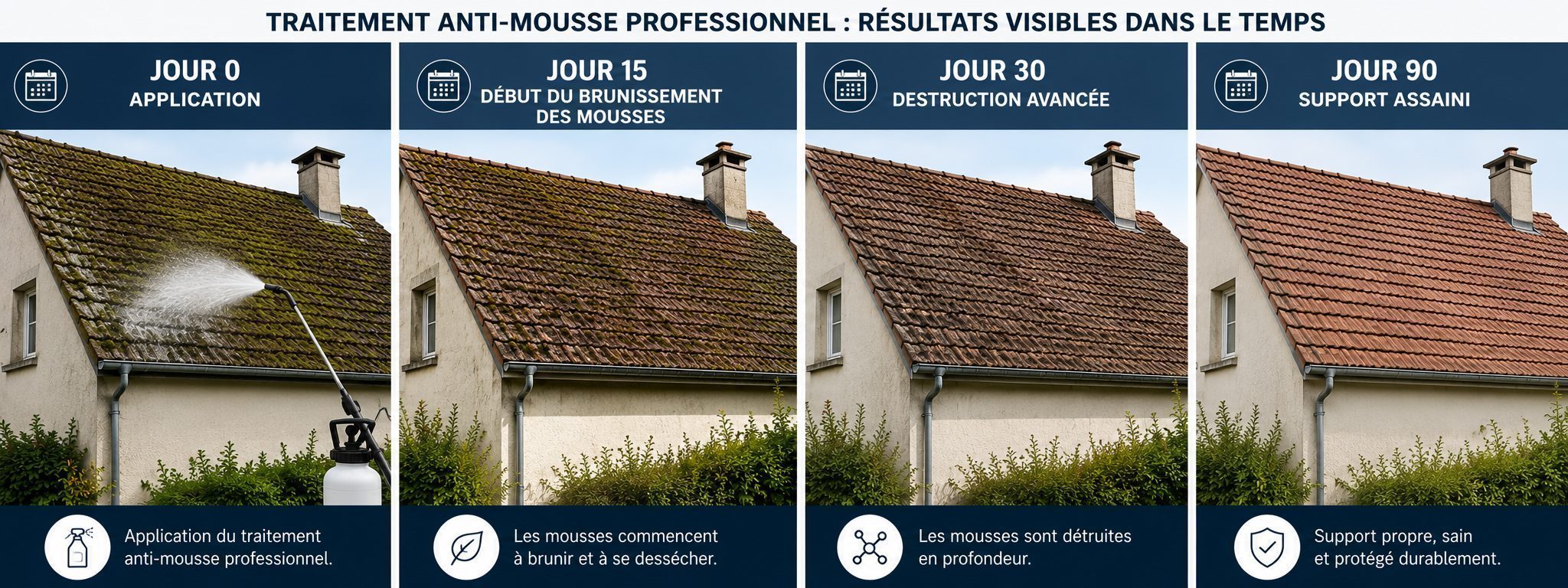 Timeline r&eacute;sultat super anti mousse fongicide jour 0 jour 30 jour 90