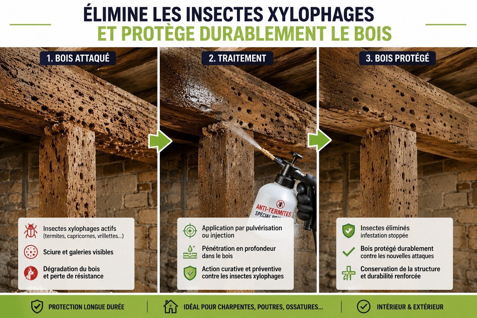 Sch&eacute;ma traitement anti termite bois insectes xylophages charpente poutre