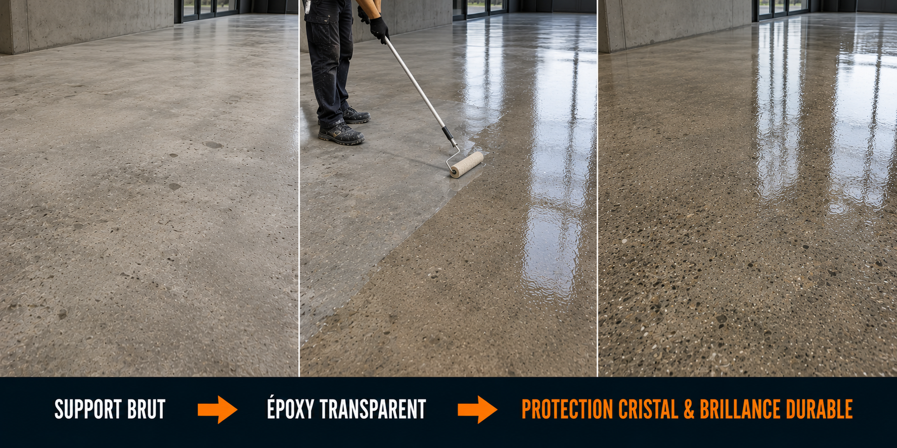 Avant apr&egrave;s sol b&eacute;ton prot&eacute;g&eacute; avec rev&ecirc;tement &eacute;poxy transparent brillant