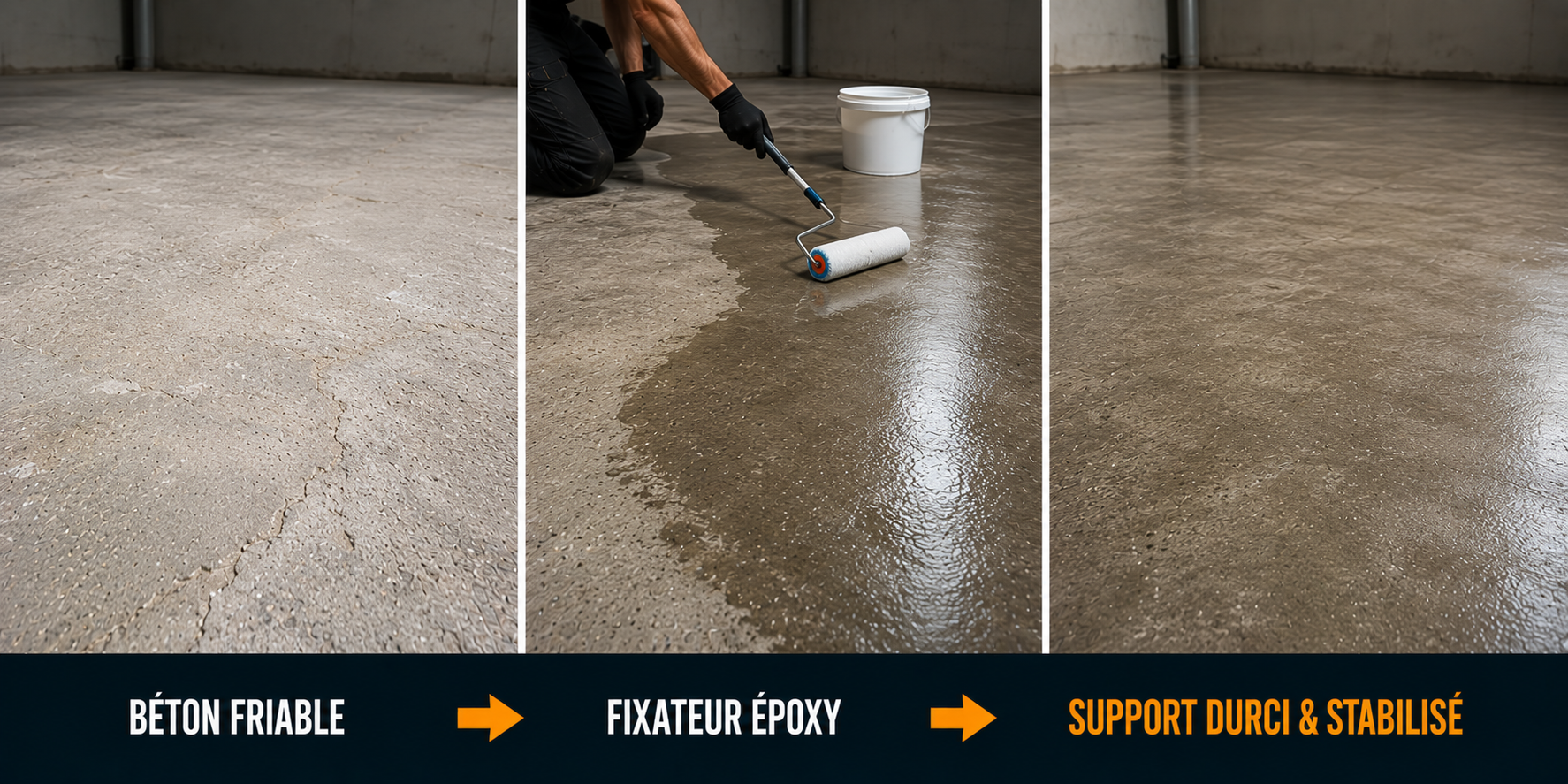 avant apr&egrave;s b&eacute;ton friable trait&eacute; avec fixateur durcisseur &eacute;poxy