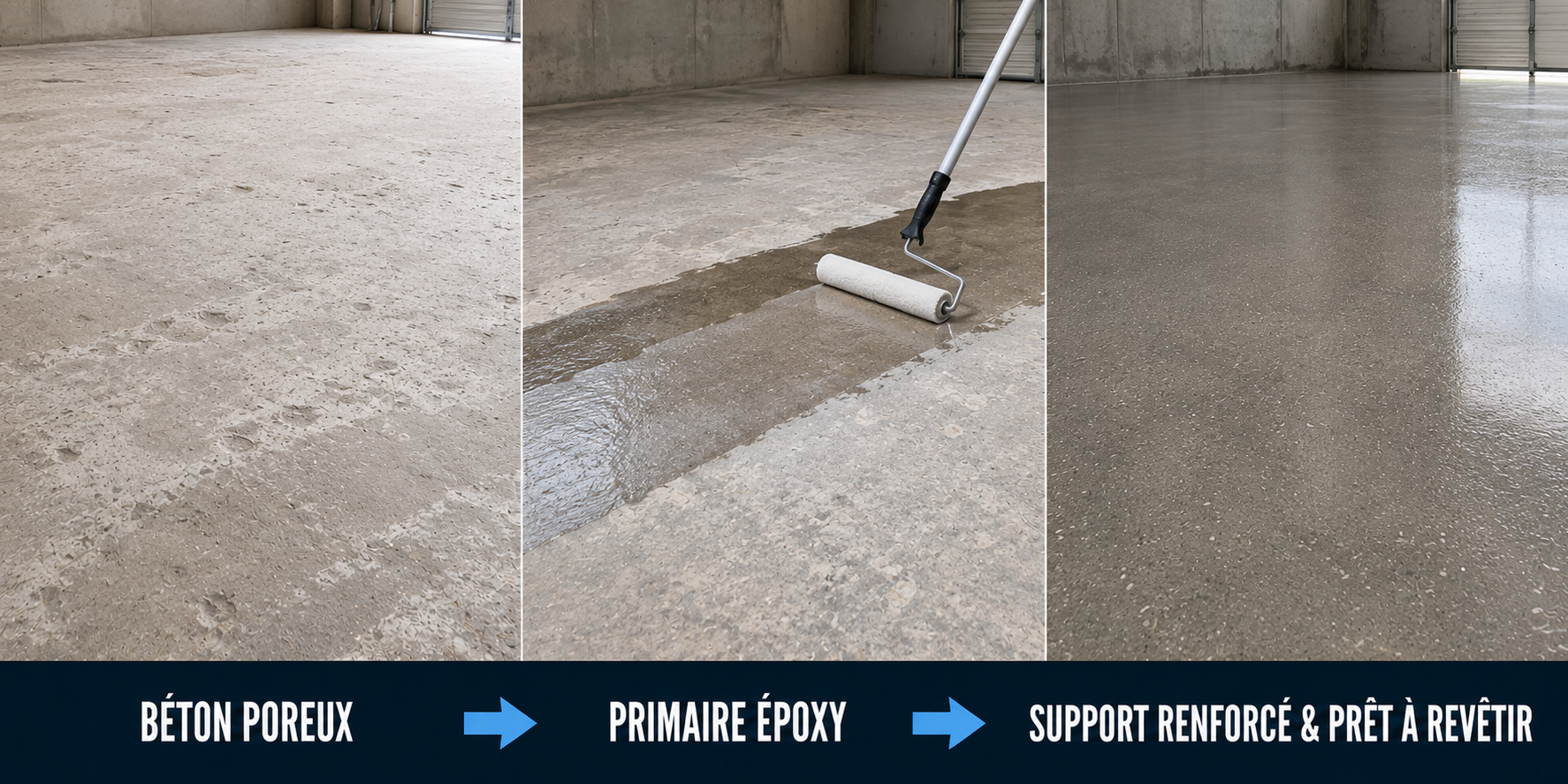 Avant apr&egrave;s application primaire &eacute;poxy sur b&eacute;ton poreux avant r&eacute;sine