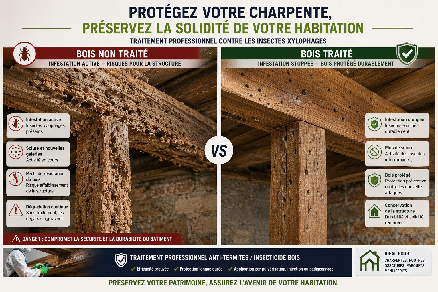 Avant apr&egrave;s traitement anti termite bois charpente poutre insectes xylophages