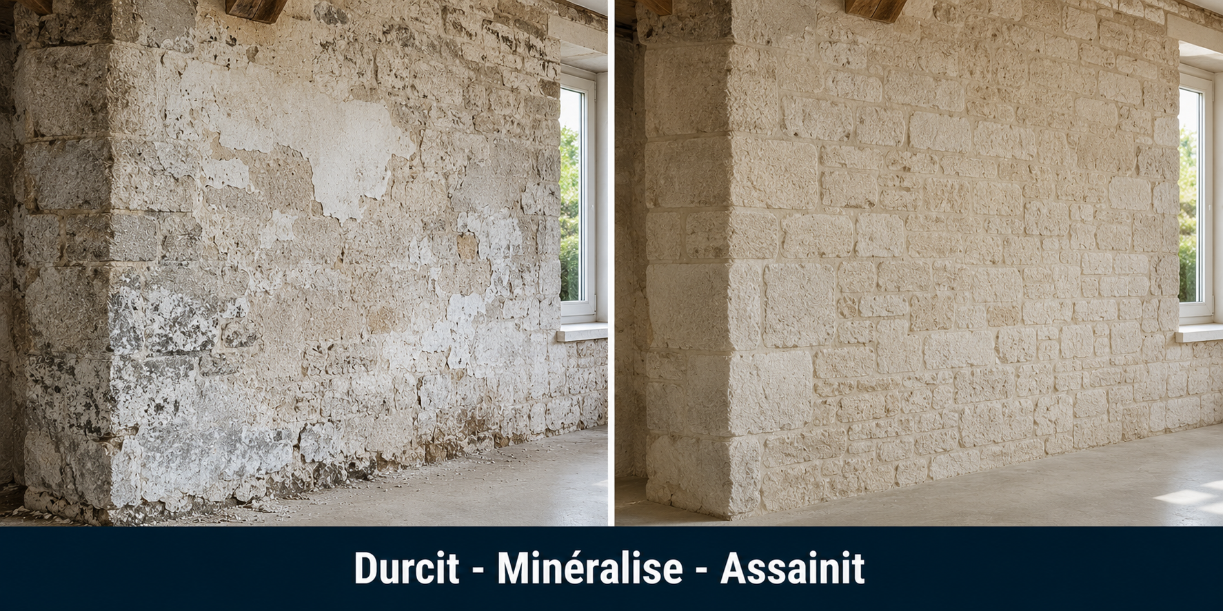 Avant après durcisseur minéralisateur mur friable salpêtre