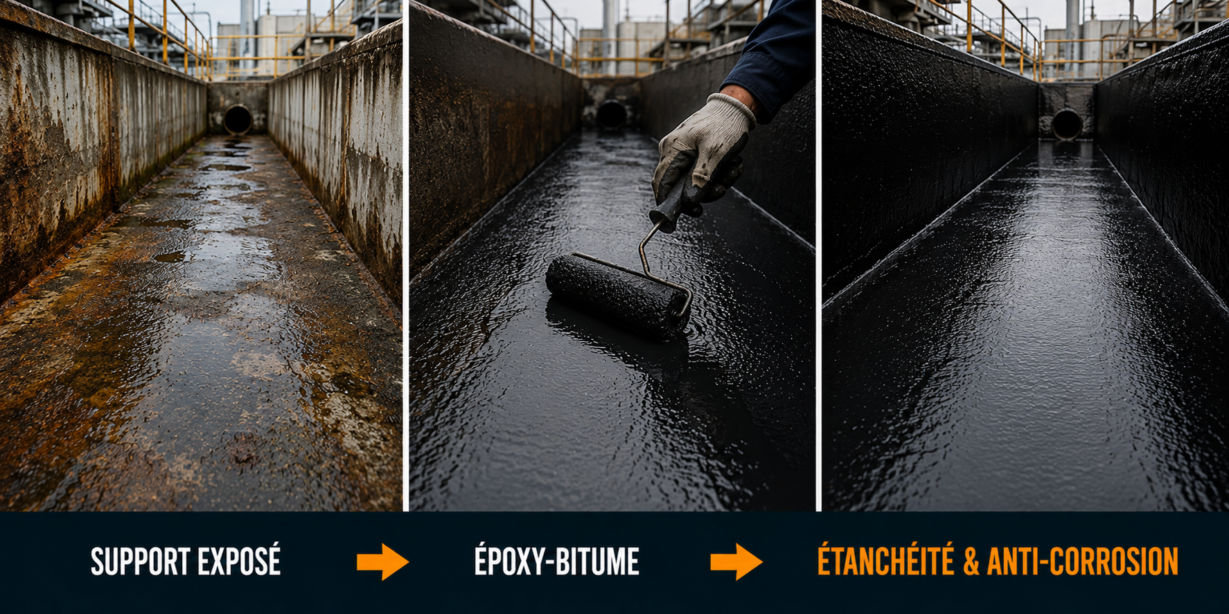 avant apr&egrave;s rev&ecirc;tement &eacute;poxy bitume anti corrosion &eacute;tanch&eacute;it&eacute; b&eacute;ton m&eacute;tal