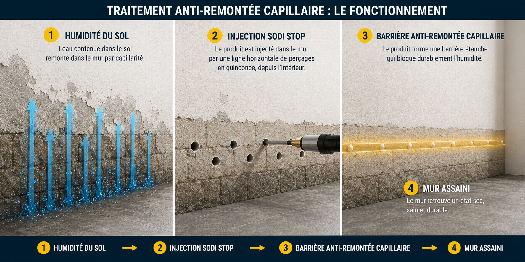 Sch&eacute;ma injection anti remont&eacute;e capillaire mur