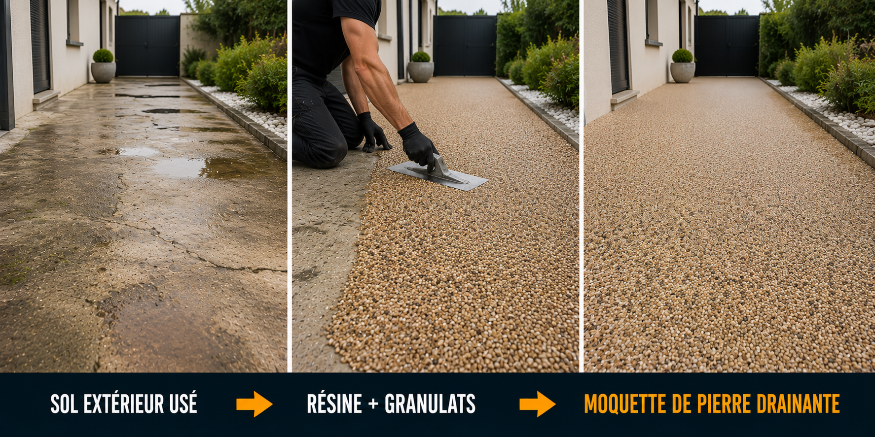 avant après moquette de pierre avec résine époxy pour sol drainant en granulats