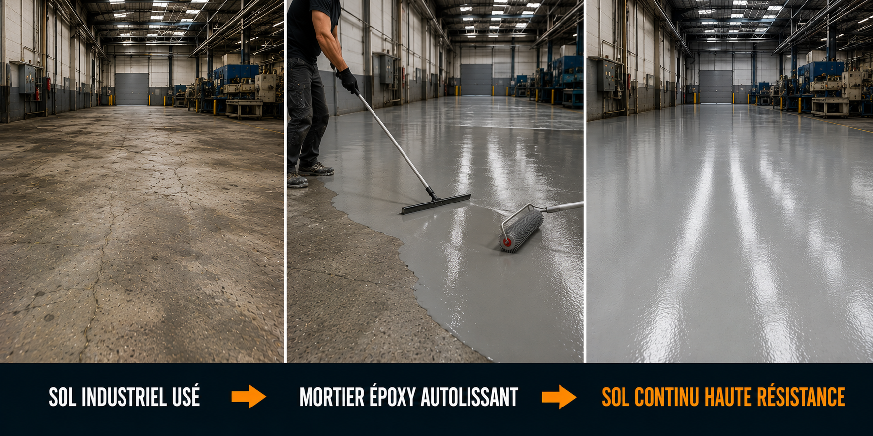 sol industriel avant apr&egrave;s mortier &eacute;poxy autolissant haute r&eacute;sistance