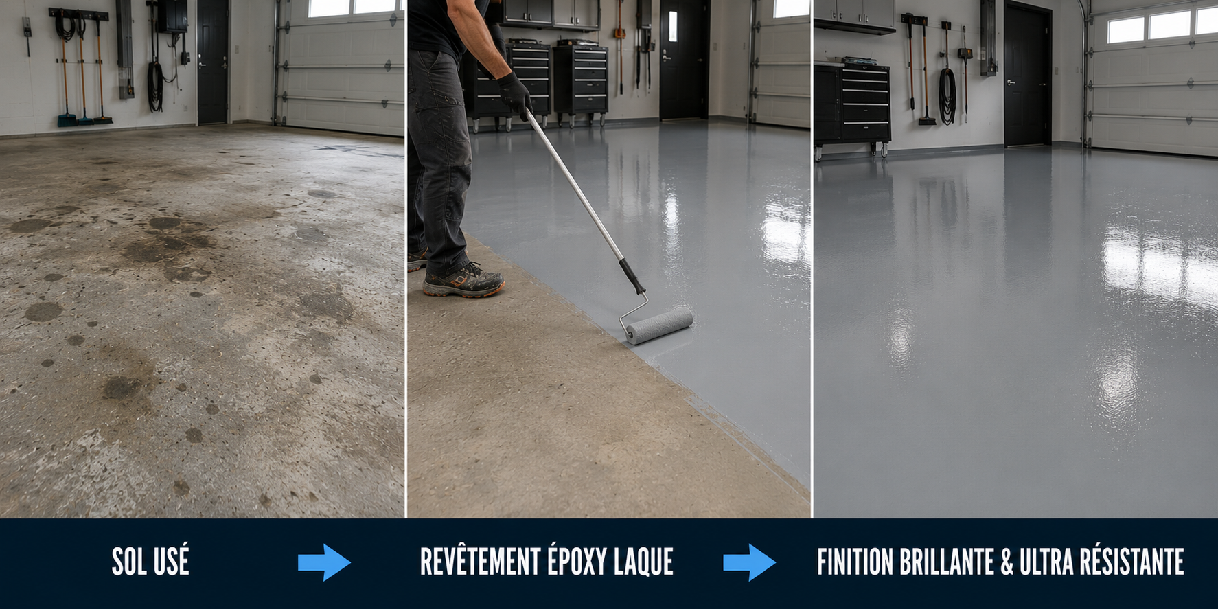 Avant après sol béton rénové avec revêtement époxy laque brillant