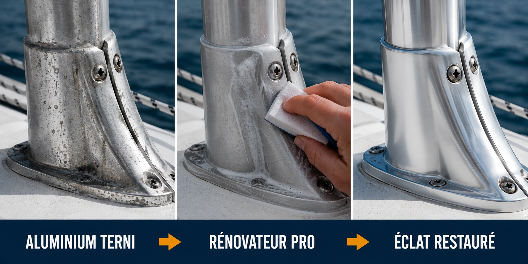 avant apr&egrave;s r&eacute;novateur aluminium anodis&eacute; bateau chromes nettoyage nautique