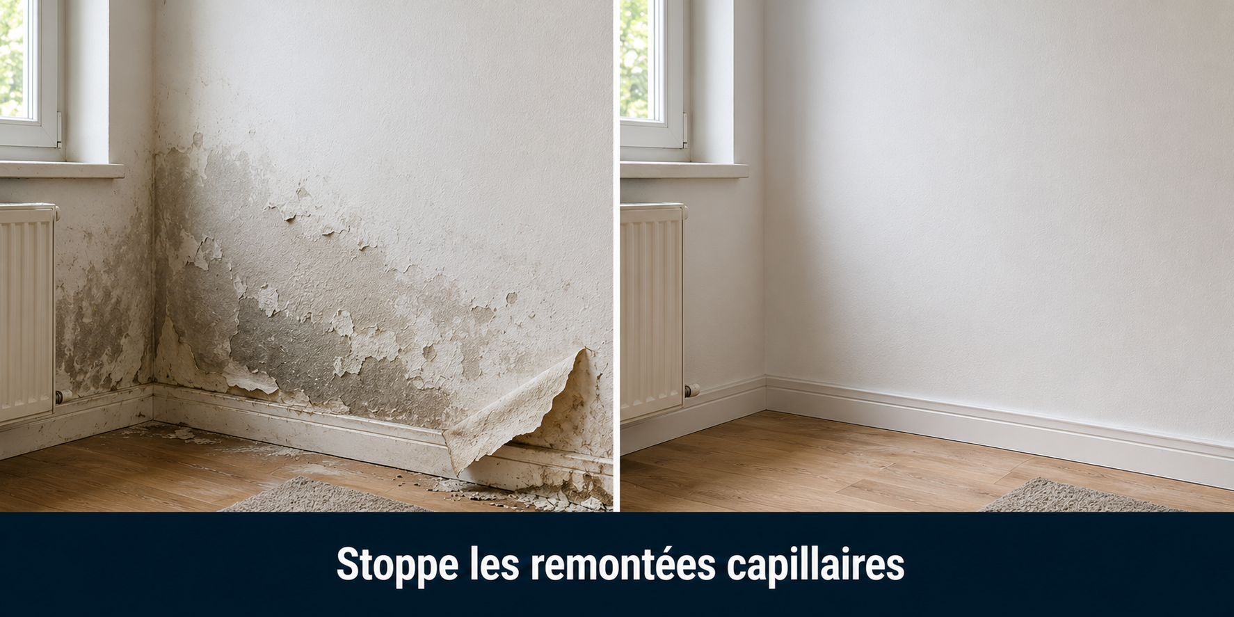 Avant apr&egrave;s traitement remont&eacute;es capillaires mur humide