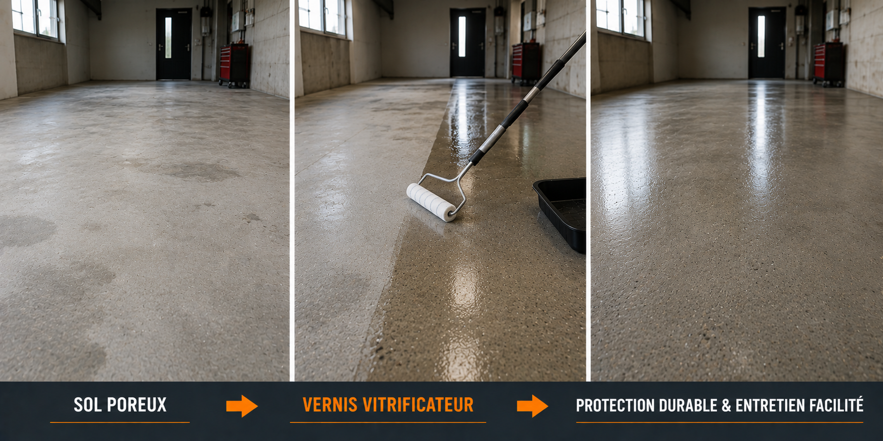 avant après vernis vitrificateur sol béton supports minéraux brillant